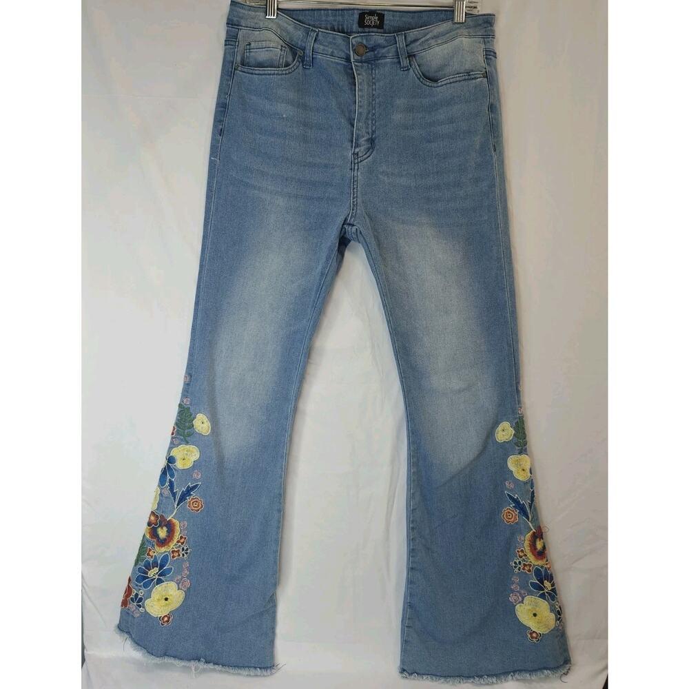 Simple Society Jeans Womens 13/31 Blue Embroidered Floral Festival Flare Boho